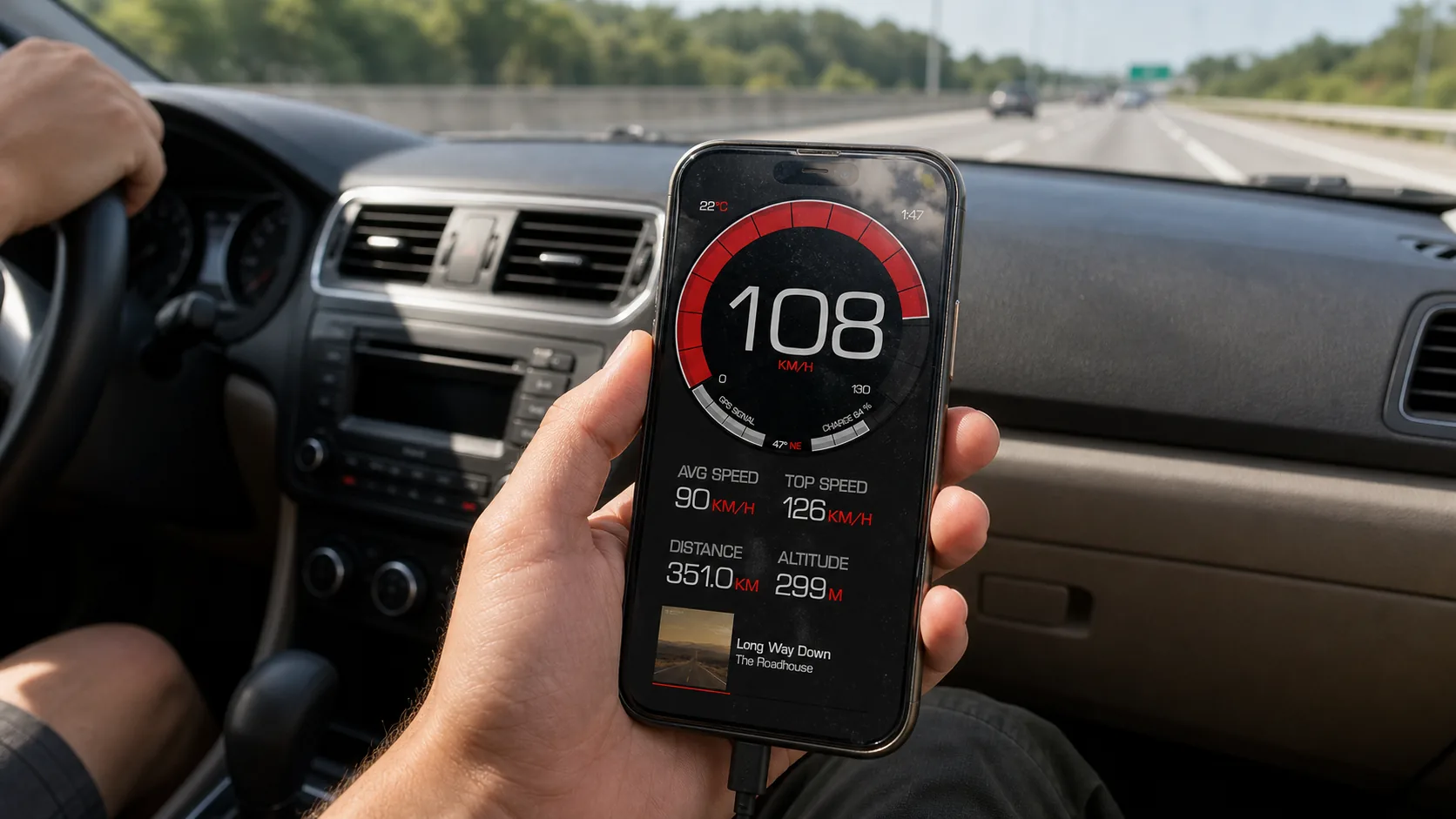 GPS Speedometer's main view with multi-metric live data — speed, max, average, distance, altitude, climb, time, heading — on an iPhone held in a car.