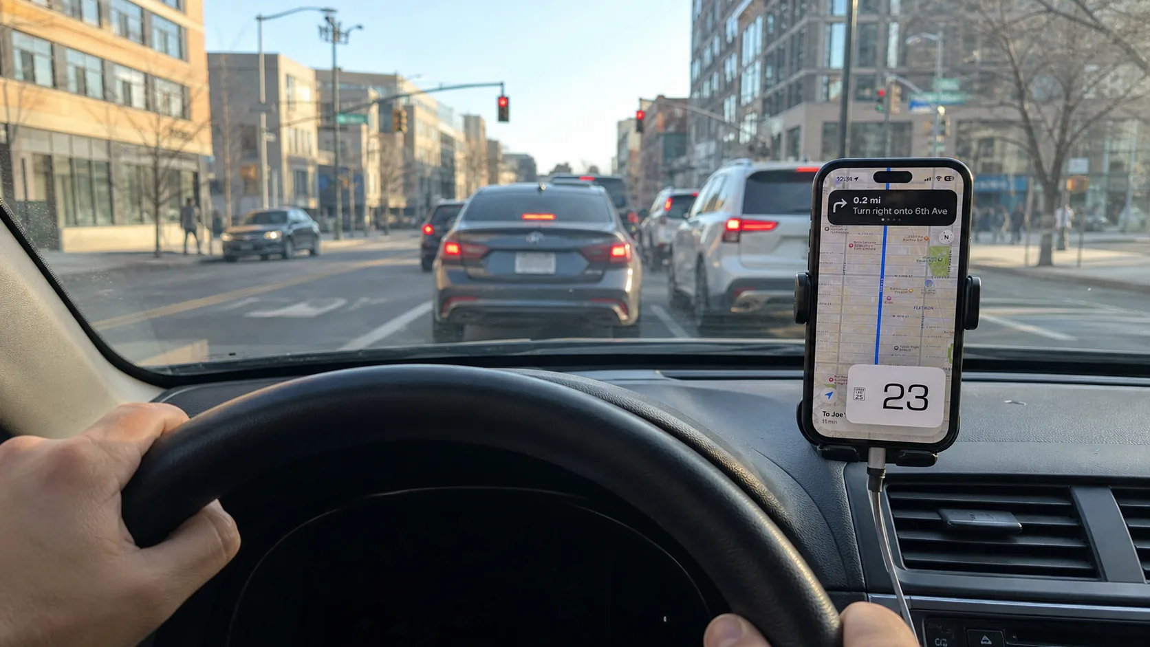 GPS Speedometer's Picture-in-Picture window floating over a navigation app on a dashboard-mounted iPhone
