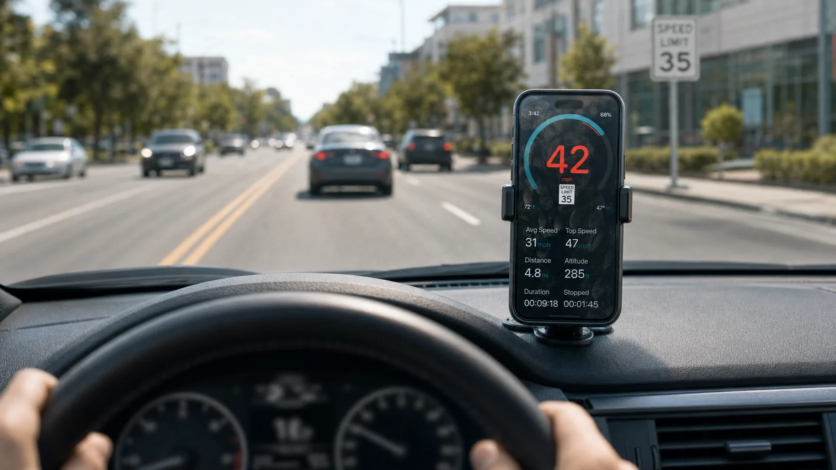 Ein auf dem Armaturenbrett montiertes iPhone zeigt GPS Speedometer mit der aktiven rot blinkenden Tempolimit-Warnung im Geschwindigkeits-Display.